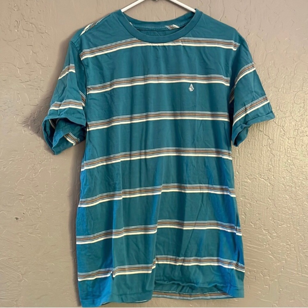 Aqua Cerulean Blue Volcom Striped Shirt L
